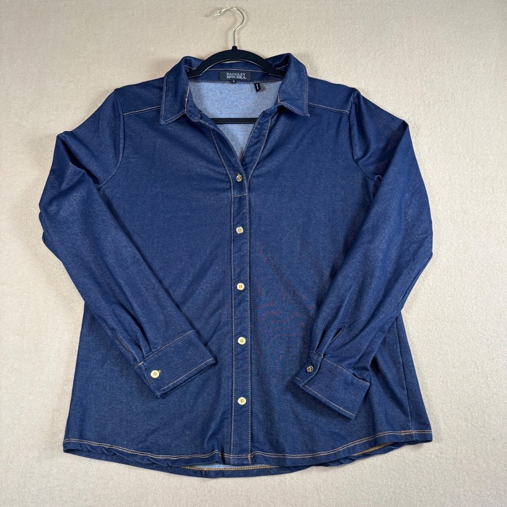 Badgley Mischka Womens Indigo Denim Look Button Down Shirt BK340015 Small